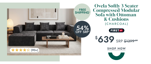 Ovela Softly 3 Seater Compressed Modular Sofa with Ottoman & Cushions (Charcoal)