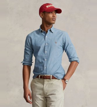 Camisa Polo Ralph Lauren de cambray Slim Fit azul